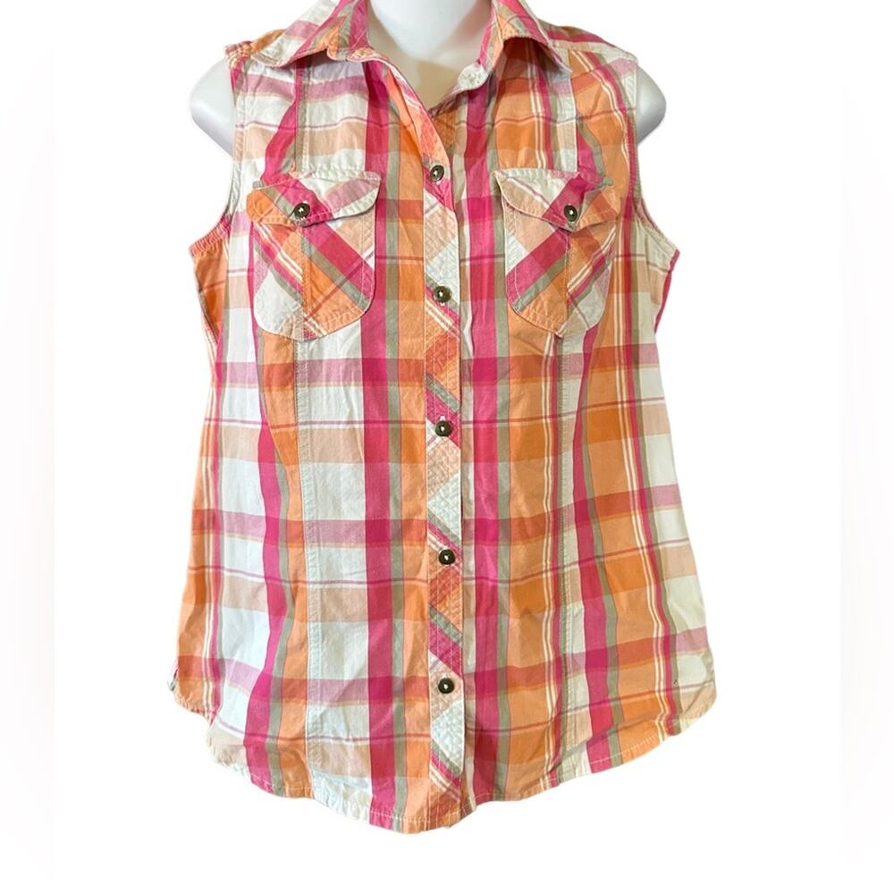 C.E. Schmidt Pink and Orange Plaid Sleeveless Cotton Button Up Shirt